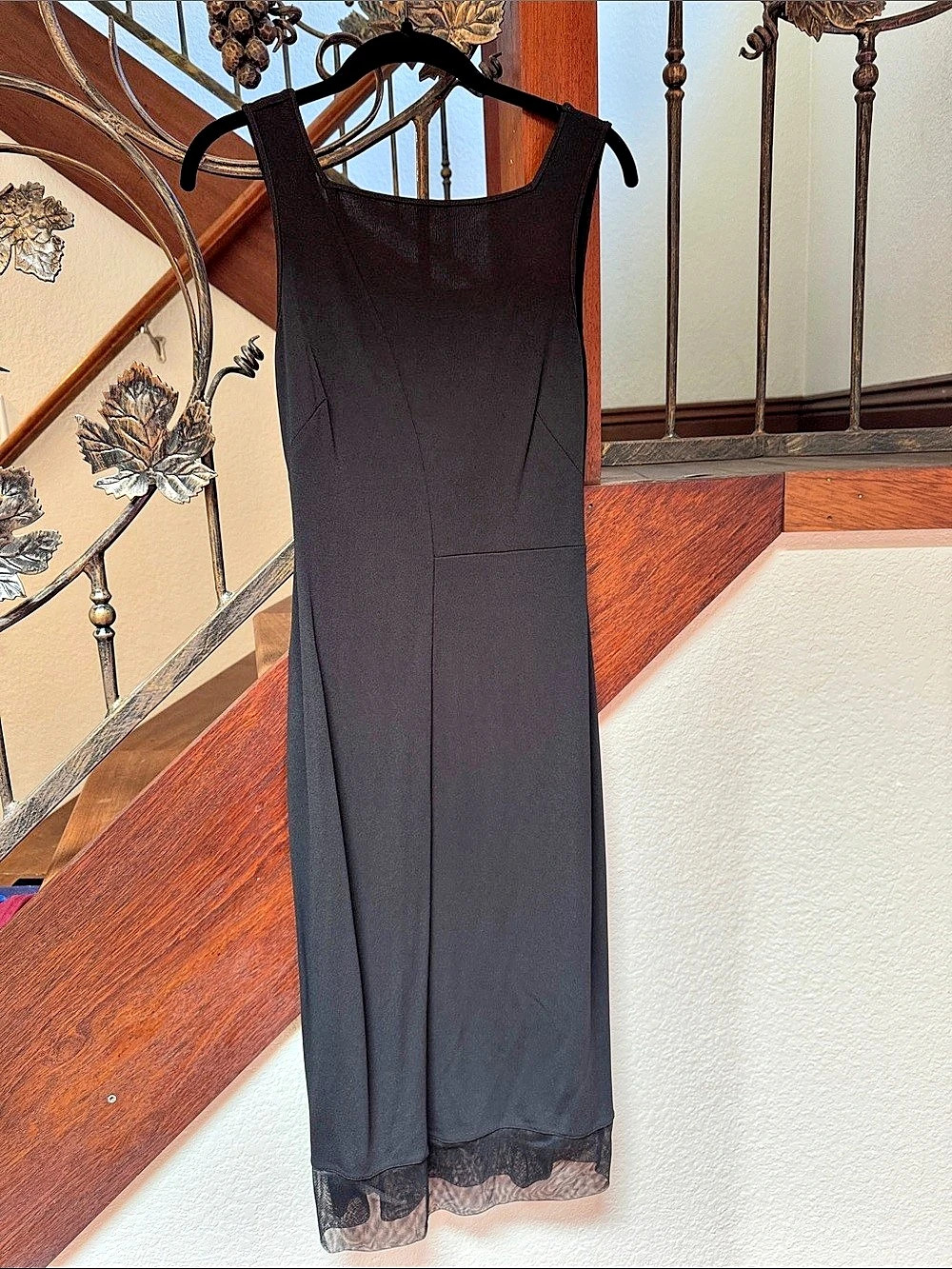 VINTAGE Y2K! BCBG Black Square neckline Mesh Hem Midi Dress